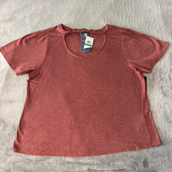 Democracy Women’s Short Puff Sleeve Crewneck Crochet Cutout Knit Top, L - Picture 2 of 6